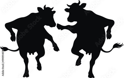 Two black silhouettes of cows dancing and kicking their legs in a playful and energetic manner against a white background