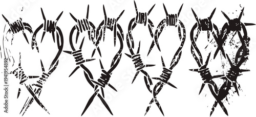 black and white abstract barbed wire hearts pattern grunge textured love symbol with sharp edges and industrial feel