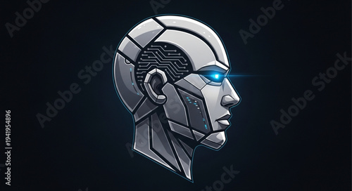 Futuristic Robot Head with Glowing Blue Eyes.