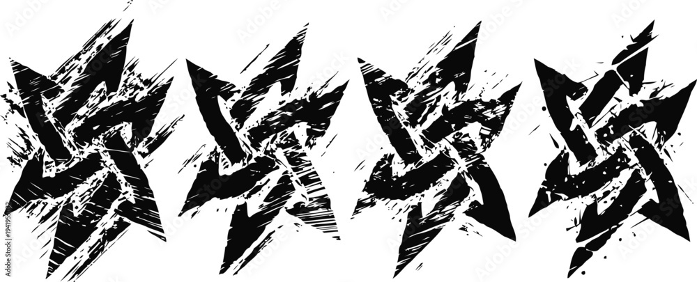 Fototapeta premium grunge pinwheel star symbols sequence with distressed texture and dynamic sharp edges