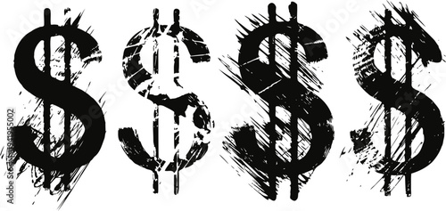 grunge dollar symbols set black money icons with rough brush stroke texture, finance concept