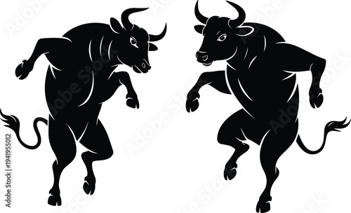 Two powerful black silhouette bulls charging forward with muscular bodies and horns raised symbolizing strength power and aggression in a dynamic pose
