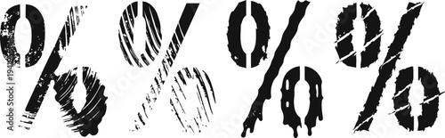 Grunge percentage symbols set distressed black percent signs on white background for design and decoration
