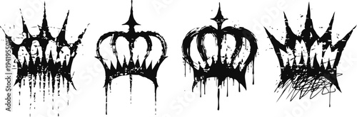 Grunge crowns set with splatter and drip paint effects in black ink design