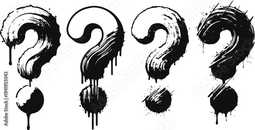 Set of four black dripping question marks in grunge on white background