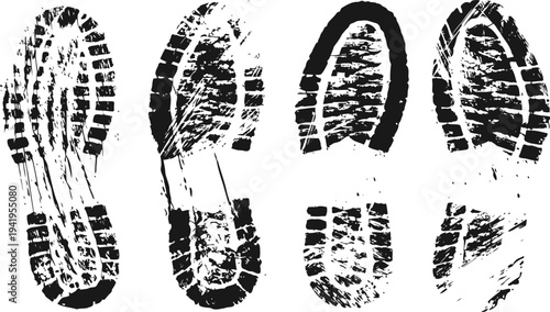 Black grunge shoe sole prints set four different boot and sneaker footprint silhouettes in rough textured
