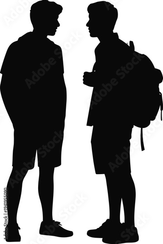 Two young men in silhouette one with a backpack standing and facing each other in conversation people