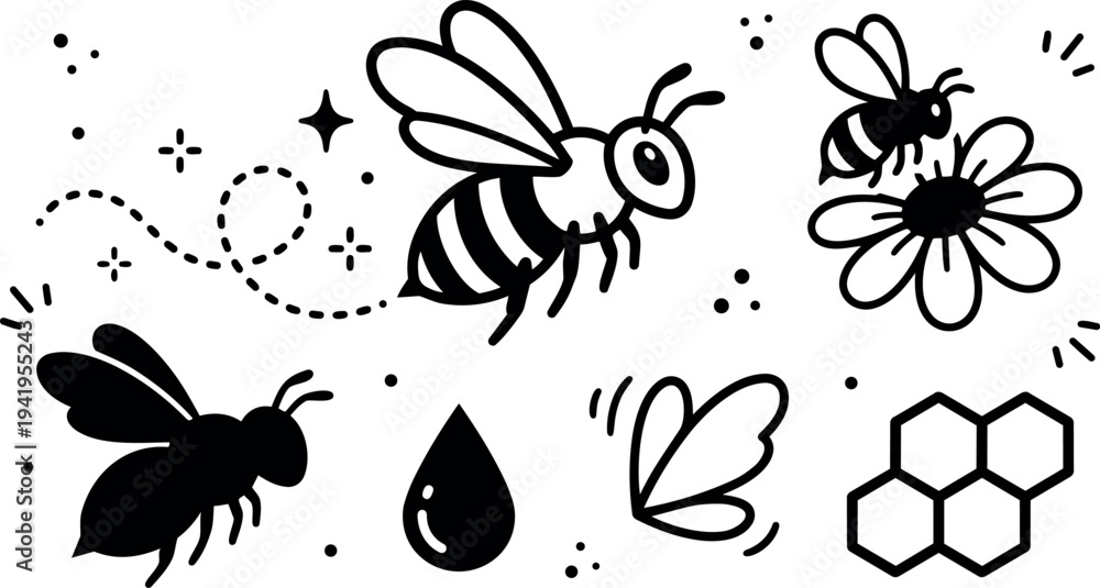 Fototapeta premium Black and white minimalist vector art of bees flying near flower honeycomb and water droplet simple line art style with dotted flight paths and abstract design elements