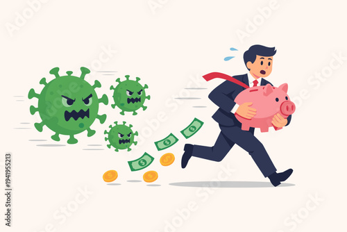 Businessman in Suit Running Away from Coronavirus Monsters while Holding a Pink Piggy Bank and Losing Money and Savings, Concept of Financial Crisis and Economic Impact of COVID-19 Pandemic Vector