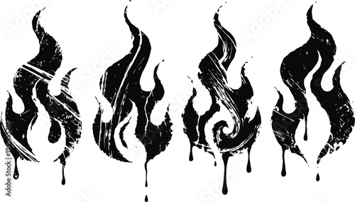 Set of four grunge flames with dripping paint effect in black ink illustration