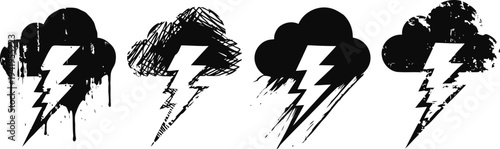 Grunge thunderstorm icons with lightning bolts weather symbols in distressed artistic