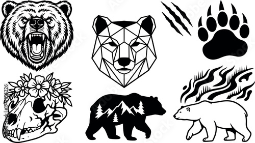 Black and white vector set of roaring bear head geometric bear face floral skull bear with mountain silhouette fire flame bear paw and claw marks
