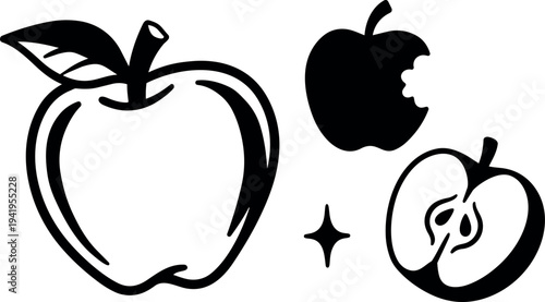 Black and white vector art of whole apple bitten apple and sliced apple half with leaf outline simple design