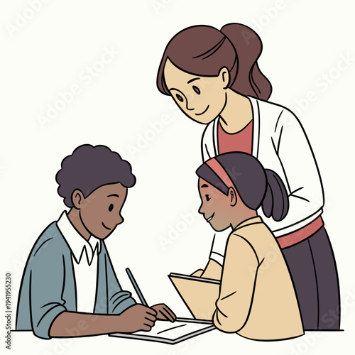 Of teacher helping two students with notebooks classroom