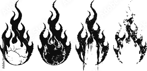 Set of four black flame silhouettes with different textured grunge effects and cracked patterns