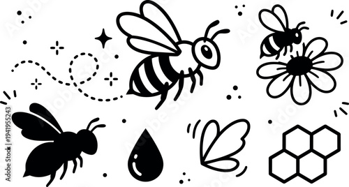 Black and white minimalist vector art of bees flying near flower honeycomb and water droplet simple line art style with dotted flight paths and abstract design elements