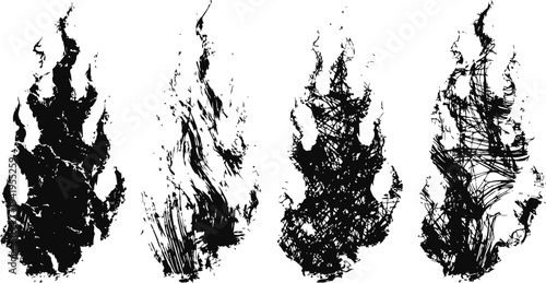 Black flame silhouettes set of four different fire shapes and textures with abstract burning effect vector ink brush flames