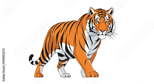 A tiger illustration stands alert in a natural setting with orange and black stripes.