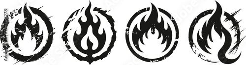 Four unique black flame icons in circular designs with grunge and brushstroke effects