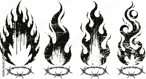 grunge flames set with barbed wire crowns vintage fire graphic elements, distressed texture design