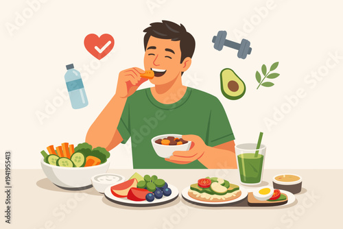 Happy man eating healthy snacks and nutritious meals including salad, fruit, and avocado toast in a flat vector illustration, representing a balanced diet, wellness, and fitness lifestyle.