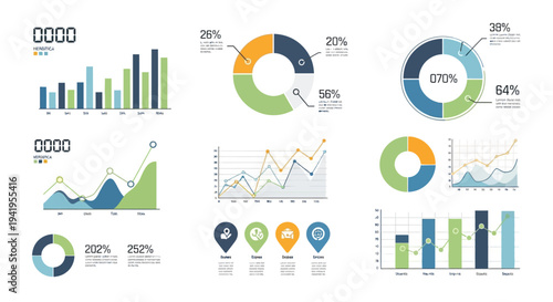 Business infographic with various colorful charts and graphs on white background.