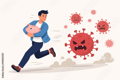 Man Running Away from Coronavirus Pathogens while Clutching a Piggy Bank, Concept of Protecting Personal Savings and Financial Security during Global Pandemic Economic Crisis Vector Illustration