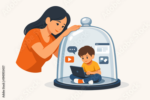 Mother Protecting Child in a Glass Dome While He Uses a Laptop for Internet Safety and Parental Control Concept, Overprotective Parenting and Digital Security for Kids Flat Vector Illustration