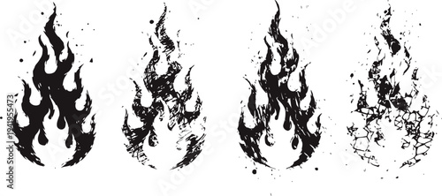 Four black abstract fire silhouettes with grunge and distressed textures