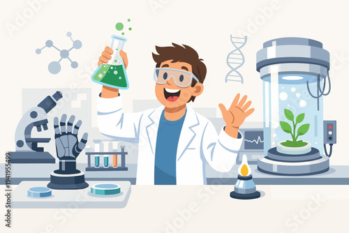 Vector illustration of a happy male scientist in a lab coat holding a flask, featuring biotechnology elements like a robotic hand, microscope, DNA strand, and a plant growing in a glass capsule.