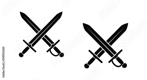 Two crossed swords depicted in a simple black graphic design with sharp details silhouette high quality