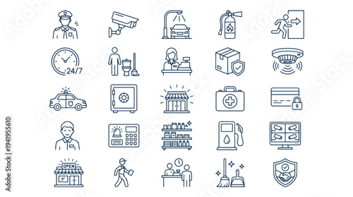 Collection of 25 Minimalist Line Art Security Icons Set on White Background