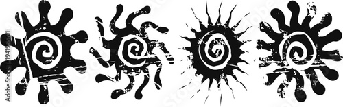 abstract black spiral sun symbols on white background artistic tribal circular shapes with rays ethnic ancient design elements