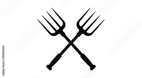 Two crossed farm pitchforks presented in a stark black silhouette high quality professional detailed modern elegant