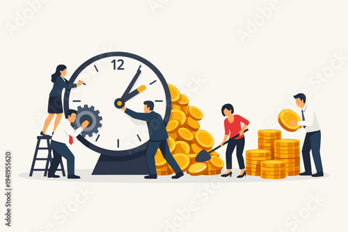 Business people collaborating to turn time into money using a large clock and gold coins, illustrating time management, productivity, financial growth, efficiency, and wealth creation concept.