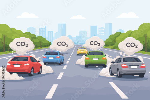 Flat Vector Illustration of Cars Driving on a Highway with Large Carbon Dioxide CO2 Clouds Emitting from Exhaust Pipes, Representing Air Pollution, Global Warming, and Environmental Impact.