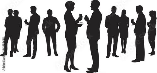 Silhouette of business professionals networking at corporate event, colleagues in formal attire conversing, teamwork, collaboration, communication, diversity, unity, success, office culture concept