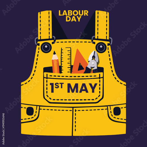 Labour Day 1st May vector illustration featuring yellow work overalls with tools like a pencil, ruler, and pliers in the pocket, set against a dark purple background