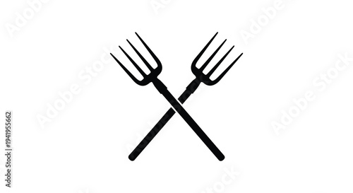 Two crossed farm pitchforks depicted in a stark black graphic style silhouette high quality professional detailed