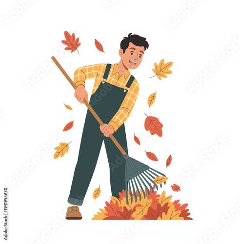 Man raking autumn leaves in a flat style fall.