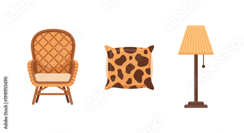 Cozy interior objects with rattan chair patterned pillow and elegant