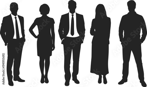 Silhouette of diverse professional team standing together, business men and women in formal attire, corporate unity, leadership, diversity, collaboration, teamwork, success, office culture concept