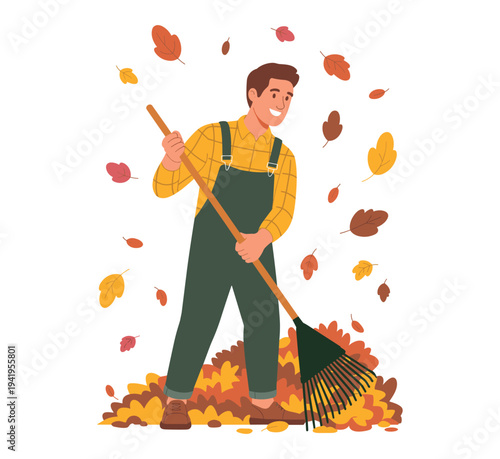 Man raking pile of colorful autumn leaves with rake.
