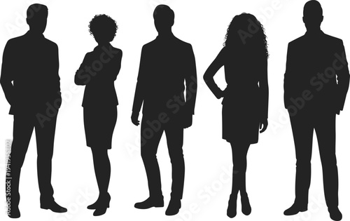 Silhouette of five diverse professionals standing side by side, business attire, teamwork, leadership, unity, collaboration, diversity, corporate culture, success, office career concept