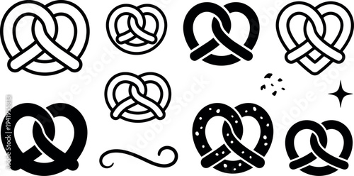 Black and white minimalist pretzel icon collection with salt detail and swirl decoration simple vector art set for food design