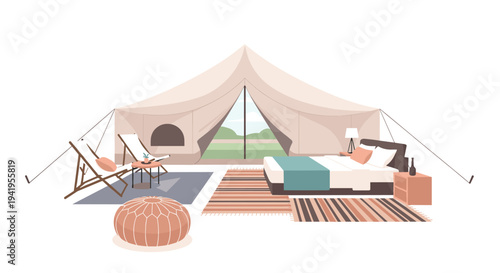 Cozy glamping tent with bedroom setup in minimalist style