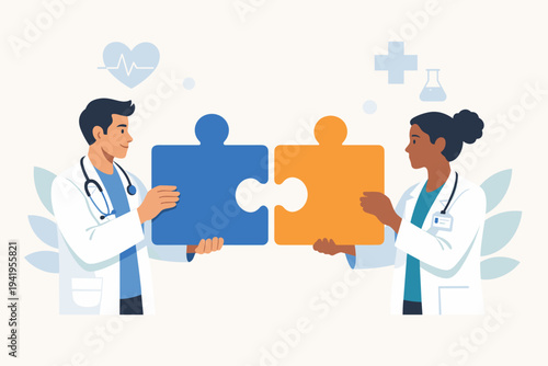 Diverse medical team of doctors connecting puzzle pieces representing healthcare collaboration, clinical teamwork, diagnostic problem solving, and integrated patient care solutions.