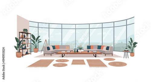 Modern living room interior with stylish furniture and large windows