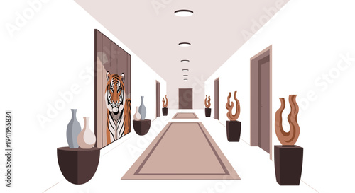 Modern hotel hallway with stylish decor and tiger wall art