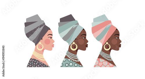 Flat design profile portraits of women in colorful headwraps